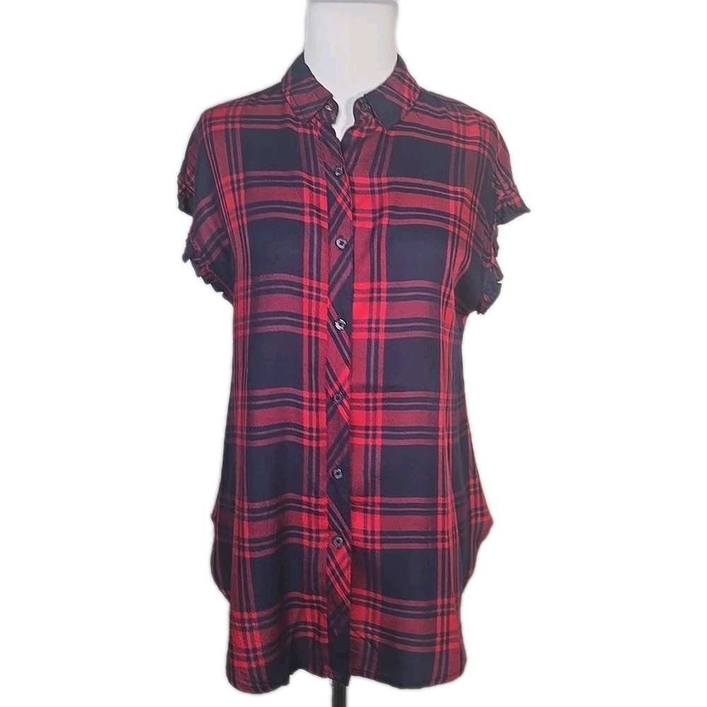 Como Vintage Women's Red Blue Woven Plaid Button Front Shirt Top Small S